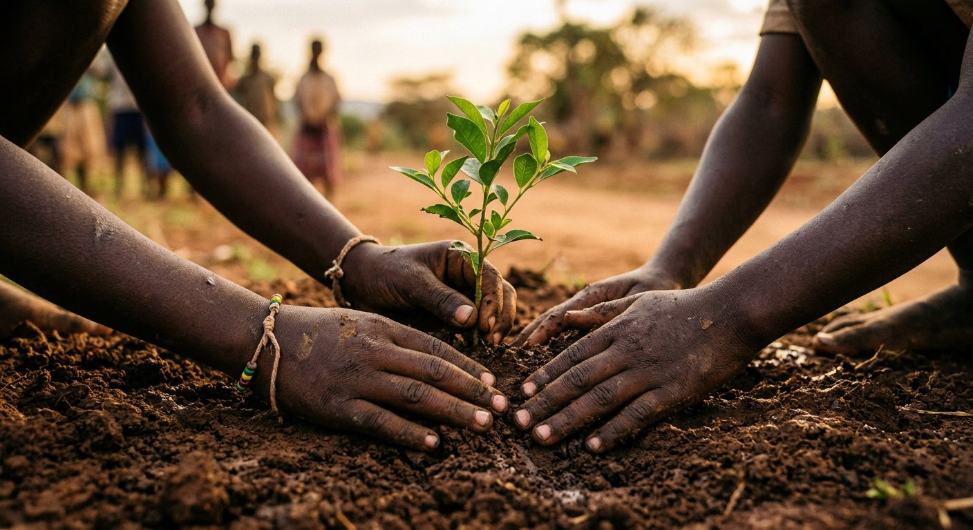 Children planting a young tree together